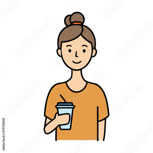 A woman with a messy bun sips from a warm coffee cup, her relaxed posture and soft expression capturing a cozy, effortless vibe perfect for calm mornings and quiet moments.
