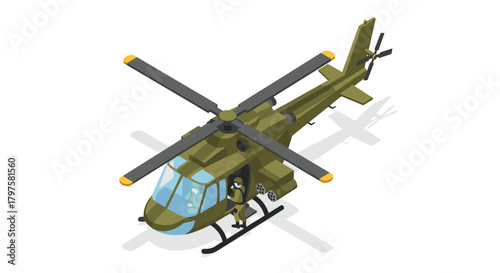 Dynamic military helicopter preparing for takeoff with soldier in isometric view, perfect for defense projects or war simulations, a modern war machine