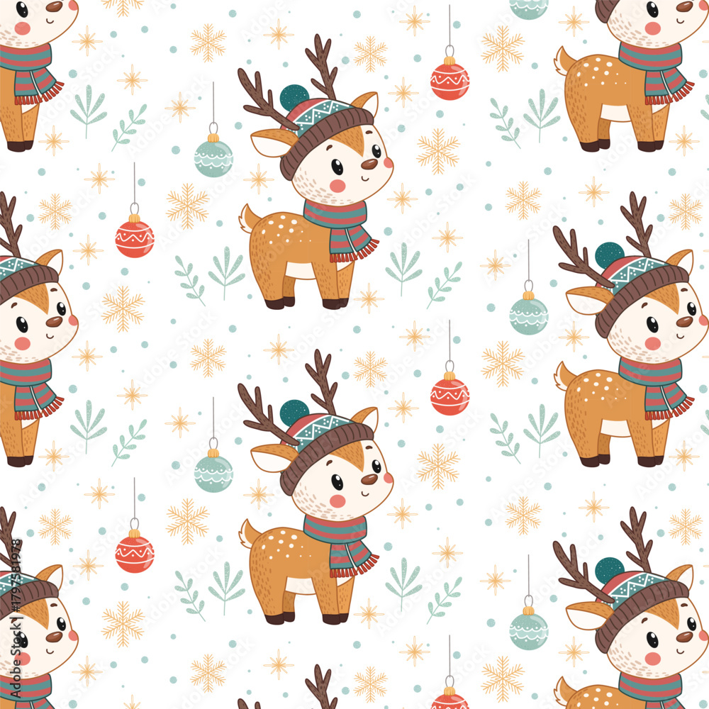 Naklejka premium Cute Christmas Reindeer Seamless Winter Pattern for Kids