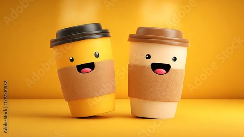 Two smiling cartoon coffee cups side-by-side on a yellow background
