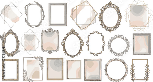 Collection of diverse decorative picture frames features ornate, geometric, and simple styles with soft color accents