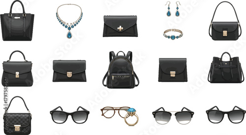Elegant collection of black leather handbags, jewelry, and sunglasses