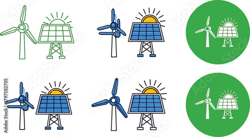 Clean energy icons featuring solar panels and wind turbines for a sustainable future.
