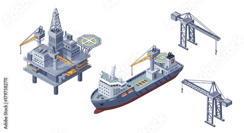 Offshore oil rig, ship and cranes in isometric view for engineering projects or industrial presentations for construction or heavy industry themes
