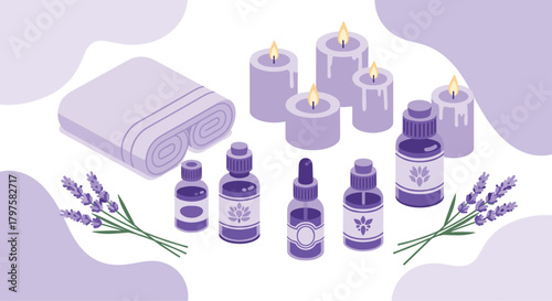 Relaxing lavender aromatherapy scene for wellness brands and spa promotions, with essential oils, candles and soft towels for a calming experience