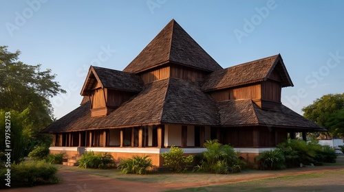 Wallpaper Mural Traditional wooden building with layered pitched roofs and open verandas bathed in warm golden hour sunlight Torontodigital.ca