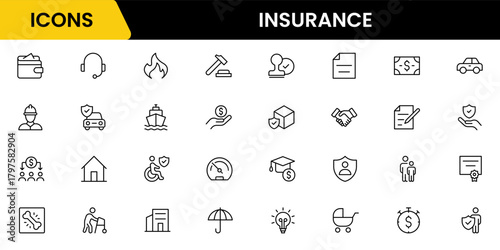 Insurance and assurance icon set. Containing healthcare medical, life, car, home, travel insurance icons.