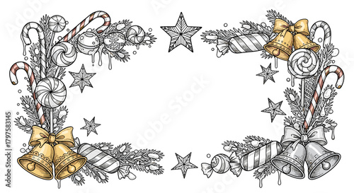 Festive border design with bells, candy canes, and stars for holidays  