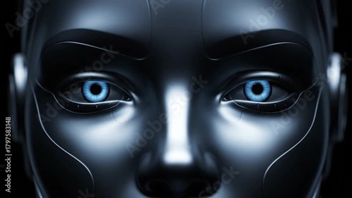 Close-up of a sleek, metallic robot face with piercing blue eyes, symbolizing artificial intelligence and future technology.