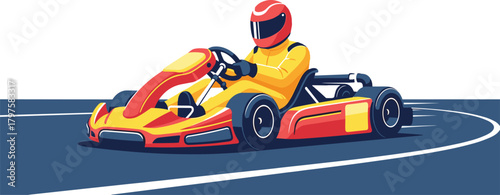 Vibrant vector illustration of a professional go-kart racer in a helmet and yellow suit, driving a red and yellow kart rapidly around a corner on a blue racetrack, symbolizing speed and motor sport