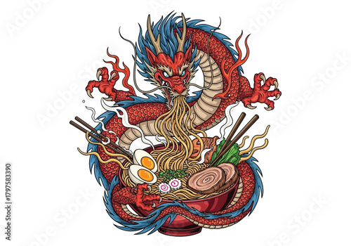 Vibrant dragon art offering delicious ramen bowl with chopsticks and eggs in Asian style