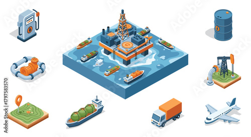 Modern isometric design showing oil industry infrastructure with offshore platform, tankers, gas station, and airplane for global energy needs