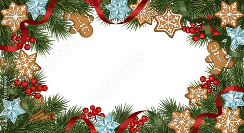 Holiday wreath with gingerbread, snowflakes, and pine branches  