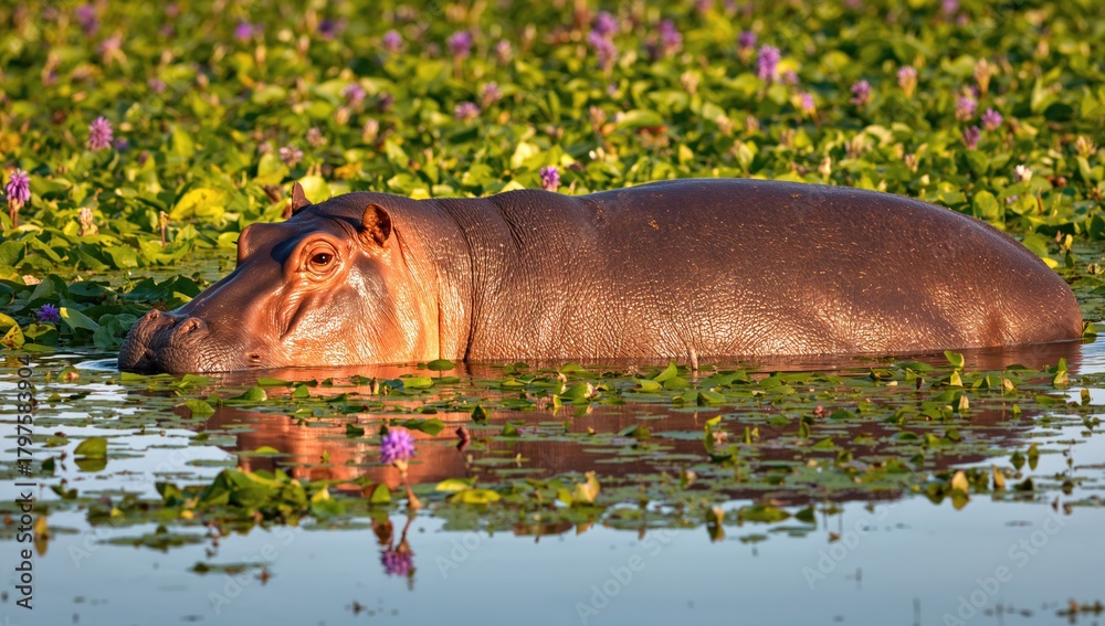 Fototapeta premium A hippo resting in a water-filled habitat surrounded by water hyacinths, highlighting its aquatic environment