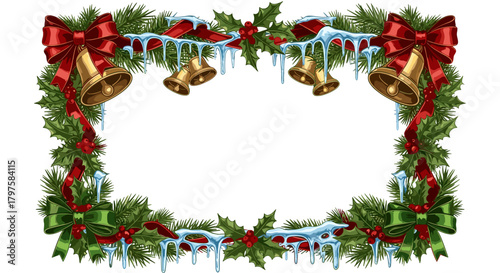 Christmas wreath with bells and ice decorations on white background  