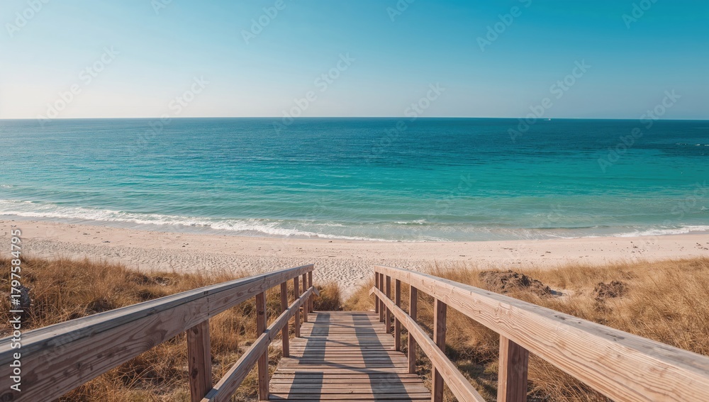 Fototapeta premium Wooden steps leading to the shoreline, reflecting seasonal change