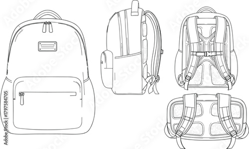 Detailed technical sketch vector set of a modern backpack, showing front, side, and back views with straps and padding, ideal for apparel design, product mockups, and travel gear blueprints