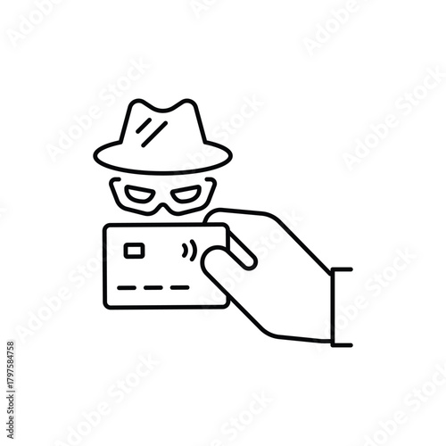 internet theft icon, online payment scam, scam or corruption with credit card,, hacker steals money, thin line symbol on white background - editable stroke vector illustration