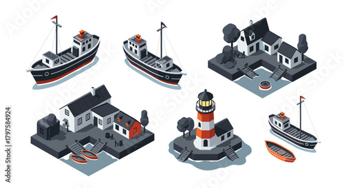Charming isometric harbor town with lighthouse, fishing boats, and quaint houses evoking peaceful coastal living great for nautical themes