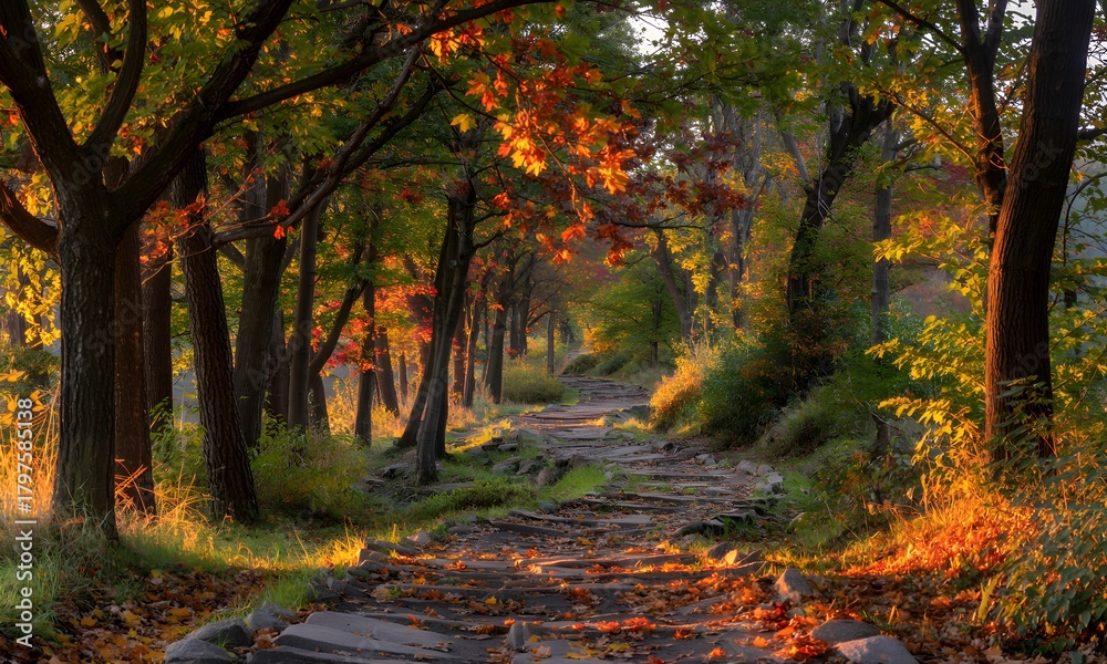Naklejka premium Sunlit Forest Path Covered in Autumn Leaves