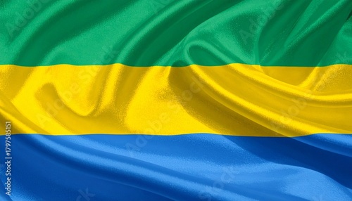 Gabonese national flag with green, yellow, and blue horizontal stripes on wavy textured fabric