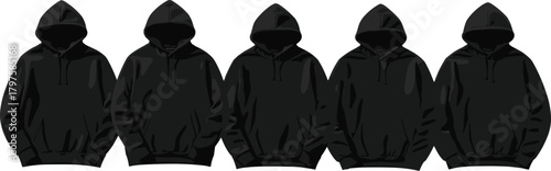 Vector illustration set of five identical black hoodie sweatshirts with hoods pulled up, symbolizing contemporary streetwear, casual apparel, anonymous design, and blank merchandise mockups for brandi