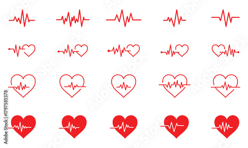 Red heartbeat line icon. Pulse trace, ECG or EKG Cardio graph symbol for Health, Medical cardiology analysis. Stroke heart diagram, cardiogram. Vector illustration. EPS 10