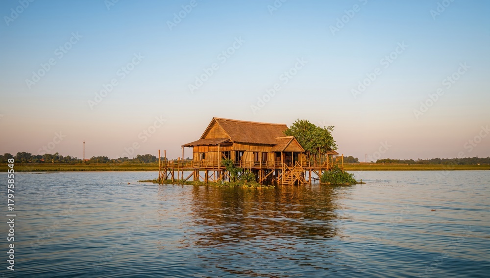 Obraz premium Wooden house in a lakeside village, showcasing traditional architecture, preservation