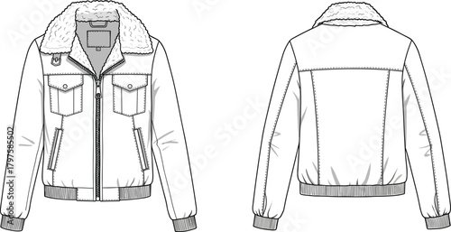 Shearling collar bomber jacket design, technical fashion flat sketch front and back, detailed winter outerwear apparel template, cad drawing flat vector illustration
