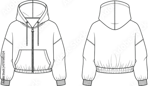 Technical fashion sketch vector showing front and back outlines of a women's cropped zip-up hoodie, featuring an elasticized hem and drawstring hood, ideal for apparel design and flat drawing mockups