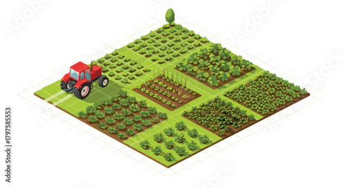 Isometric farm with a red tractor and variety of crop fields ready for harvest bringing sustainable solutions for food production