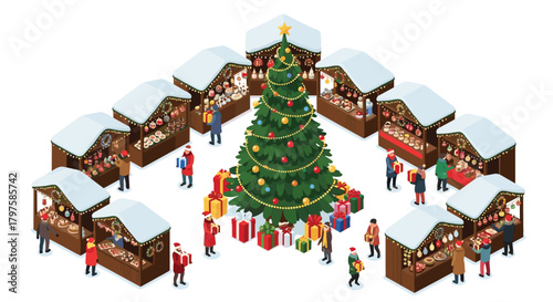 Festive Christmas market scene with people shopping at stalls around a decorated tree, perfect for holiday promotions and seasonal campaigns