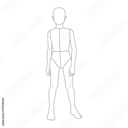 children's fashion design template featuring boy body croquis in front view. Clean line art illustration perfect for kids clothing designers, children's fashion sketching,