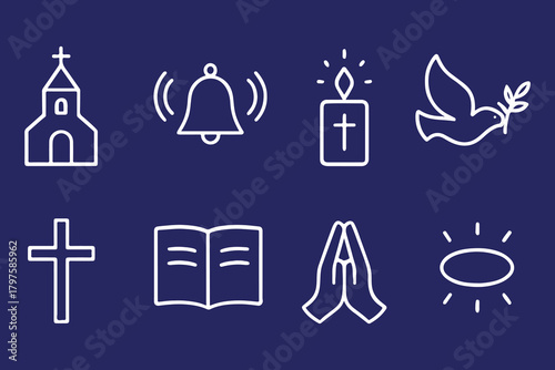 A collection of white line icons representing religious symbols and faith