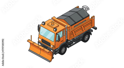 Isometric snowplow truck ready for winter maintenance, ensuring safe roads and efficient snow removal during cold weather season