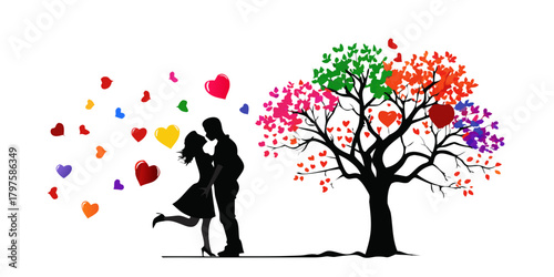 Romantic couple silhouette under love tree with colorful heart leaves, romantic kiss illustration, Valentine’s Day concept, wedding anniversary, romantic.