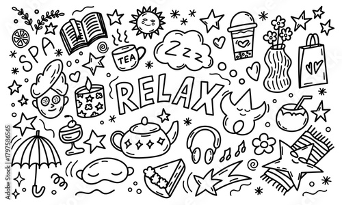 Relax themed doodle circle with spa and cozy elements