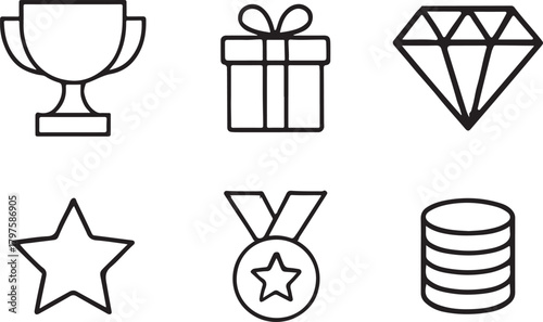 Line art icons depicting prize symbols trophy gift diamond star and medal