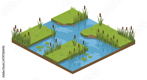 A serene isometric pond ecosystem teeming with life, perfect for nature lovers and educational resources, find your zen with this beauty