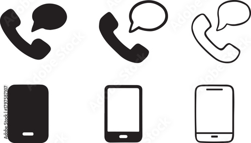 Black and white icons depicting phones handsets and speech bubbles