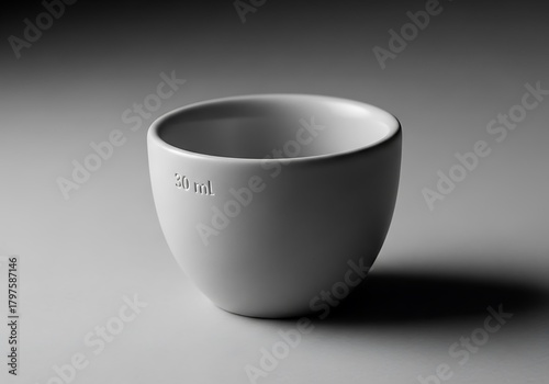 Minimalist studio shot of a small white porcelain bowl or laboratory crucible
