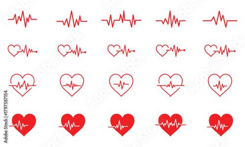 Set of red heartbeat monitor icon. Pulse icon graphic vector set for UI design. Set of heartbeat pulse heart pulse silhouette vector illustration.
