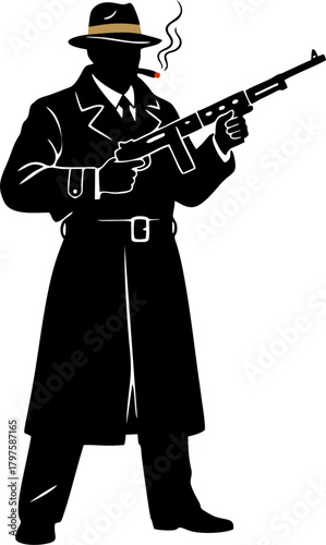 Gangster Silhouette with Tommy Gun and Smoking Cigar Vector, 1920s Mobster Crime Illustration
