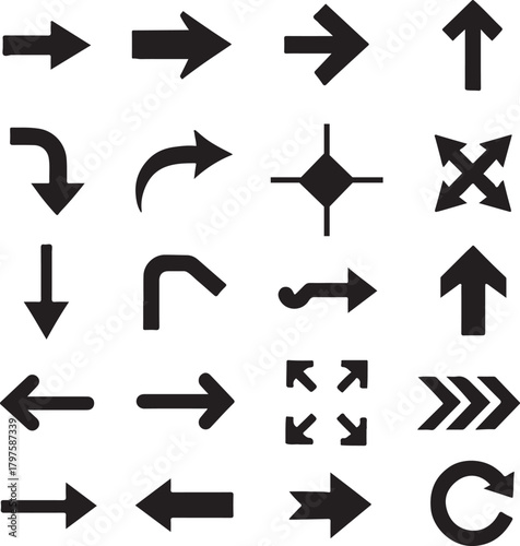 Collection of black arrow symbols and directional signs in a grid layout