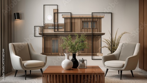 Fototapeta Naklejka Na Ścianę i Meble -  Modern room featuring armchairs and a table adorned with vases and a teapot, interior design with empty black frames, functional layout for decor
