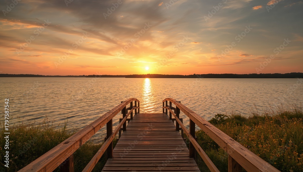 Fototapeta premium Sunset over the lake, serene view from a wooden bridge, seasonal change