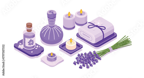 A tranquil spa day atmosphere with aromatic lavender, massage poultice, and candlelight for ultimate relaxation and wellness focus
