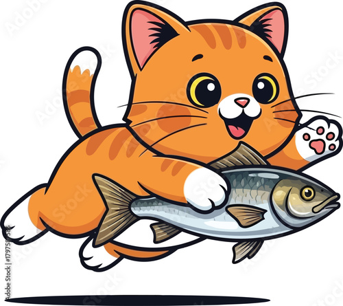 Playful cartoon cat proudly clutching a fresh fish against pastel drops