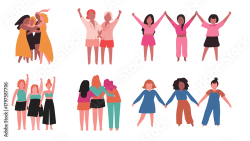 Vibrant collection of illustrations showcasing diverse groups of women celebrating friendship, solidarity, and mutual support, embodying themes of empowerment and collective strength
