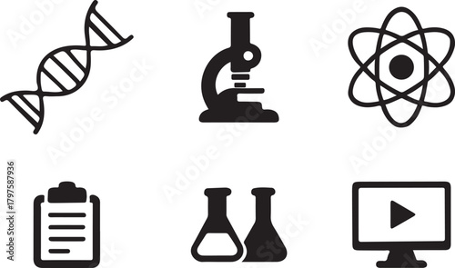 Scientific icons depicting biology chemistry and technology research exploration